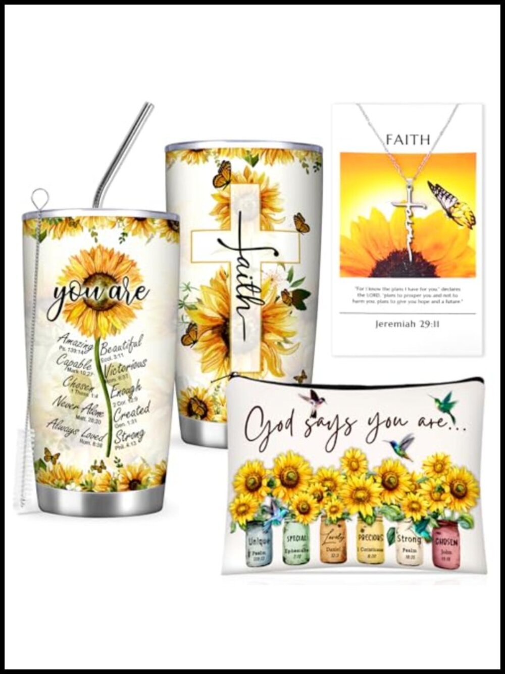 Christian Gift Set for Women Tumbler Tote Faith Necklace Sunflower